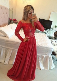 A-line Long Illusion Sleeves Beading Prom Dress - Red Chiffon Evening Dress