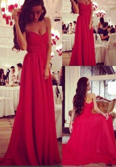 Elegant A-line Sweetheart Court Train Chiffon Sleeveless Red Prom Dress