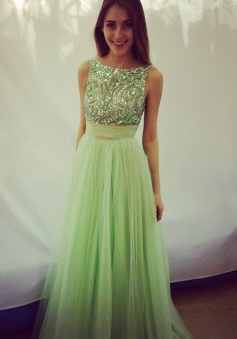 Elegant Scoop Beading A-line Tulle Green Floor-length Prom Dresses Evening Gown