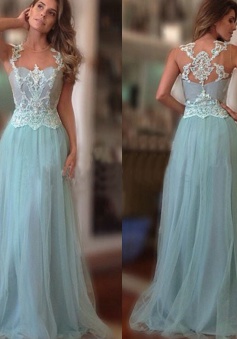 Elegant Scoop Lace Appliques A-line Light Sky Blue Chiffon Prom Evening Gown