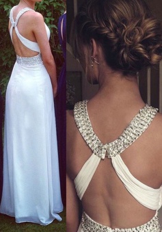 Fashion Scoop Beading Open Back Floor-Length White Chiffon Prom Dress