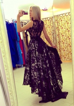 Elegant Scoop Black Lace High - low Prom Dresses Party Gowns With Ribbon