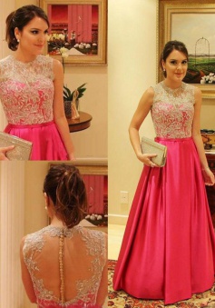 Gorgeous Crew Sheer With Lace Appliques A-line Satin Prom Dresses Formal Evening Gowns  SAPD-71118