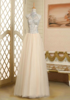 Elegant A-line Halter Neck Beading Sleeveless Tulle Prom Dress