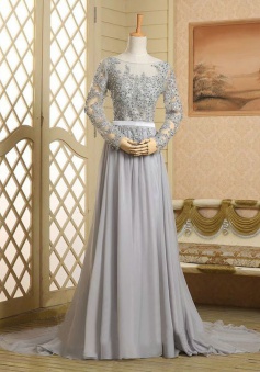 Chic A-line Scoop Neck Long Sleeves Beading Appliques Chiffon Prom Dress