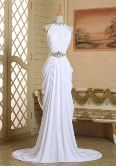 Sexy Column Long Halter Neck Slip White Chiffon Beading Prom Dress