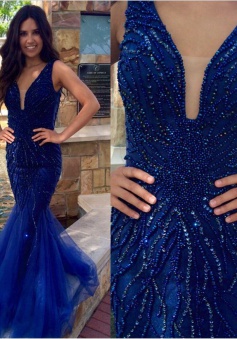 Sexy Mermaid V-Neck Tulle Floor Length Navy Blue Evening/Prom Dress With Sequins