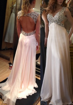 Elegant V-neck Court Train Empire Chiffon Open Back Pink Prom/Evening Dress