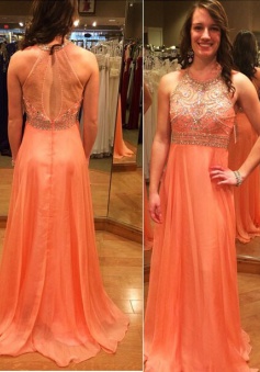 New Modern A-line Long Chiffon Empire Backless Coral Prom Dress With Beaded