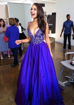 Sexy V-neck Floor Length Organza Backless Blue Evening/Prom Dress With Appliques Lace Ruffles