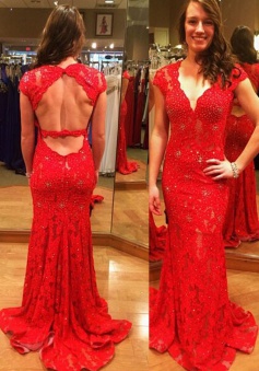 Gorgeous Mermaid Red Lace Prom Dress with Capped Sleeves Open Back