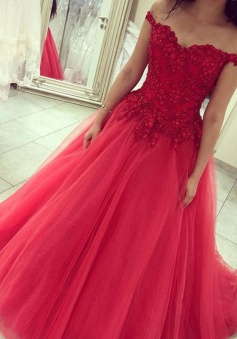 Chic Ball Gown Off-shoulder Sweep Train Tulle Watermelon Quinceanera Prom Dress With Beading