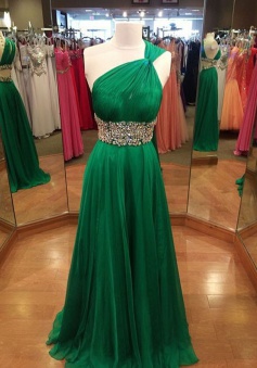 Princess One Shoulder Floor-Length Green Chiffon Prom Dress with Beading