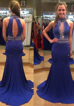 Sexy Mermaid Prom Dress Party Dress with Train  - Sequins High Neck Open Back 