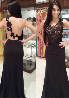 Black Mermaid Lace Prom Dress Party Dress - Tulle Illusion Back with Lace Applique