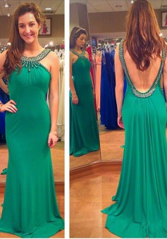 Elegant Long Beaded Chiffon Prom Dress with Open Back 