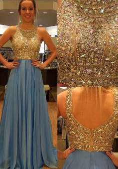 Luxurious A-line Sequined Crew Long Chiffon Prom Dress Party Dress