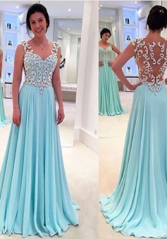 Princess A-Line Floor Length Sky Blue Prom Dress with Appliques