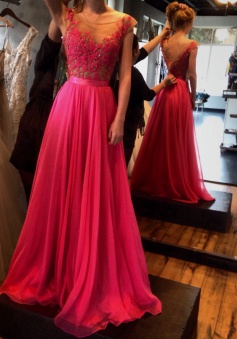 Hot-Selling Hot Pink A-Line Floor Length Sash Backless Scoop Chiffon Prom Dress with Lace