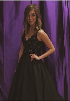 New Arrival Floor Length V-Neck Black Prom Dress with Rhinestone 