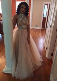 Hot-Selling High Neck Champagne Backless Tulle A-Line Two Piece Prom Dress with Rhinestone