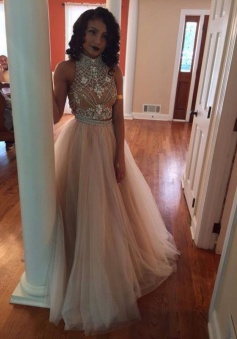 Hot-Selling High Neck Champagne Backless Tulle A-Line Two Piece Prom Dress with Rhinestone