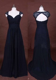 Elegant Long A-Line Chiffon Lace Cap Navy Blue Prom/Evening Dress