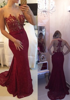 Elegant Mermaid Court Train Scoop Lace Burgundy Prom Dress with Sash