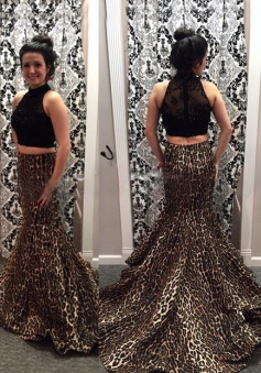 New Arrival Prom Dress - Black Two Piece with Leopard Grain