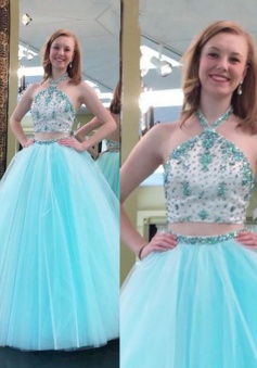 Fashion Tulle Prom Dress/Homecoming Dress - Sky Blue Two Piece Halter with Beading