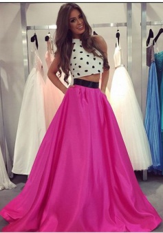 Two Piece Prom Dress - A-line Crew Polk Dots Long Dress