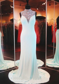 Beading Column Sleeveless Long Prom Dress-Chiffon Backless Evening Dress 