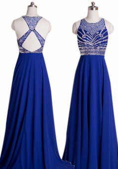 Crew Neck Sleeveless Beading Criss-cross Back Prom Dress-Floor-length Chiffon Royal Blue Evening Dress