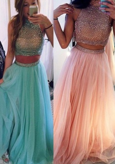 Gorgeous Two-pieces Beading Halter Neck Prom Dress-Tulle Sleeveless Long Prom Dress