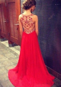 Illusion Back Elegant Beading A-line Prom Dress-Chiffon Long Sleeveless Evening Dress