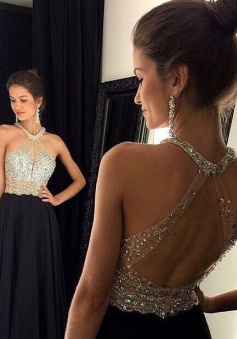 A-Line Halter Open Back Beaded Black Long Chiffon Prom Dress/Evening Dress