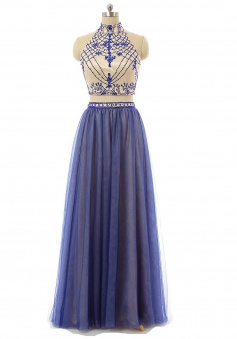 Two pieces A-line High Neck Tulle Backless Long Blue Prom Dress Evening Gowns