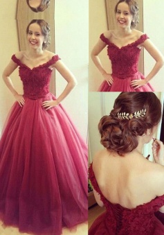 A-line Off shoulder Lace-up Long Prom Dress-Tulle Prom / Quinceanera Dress with Lace Appliques Top