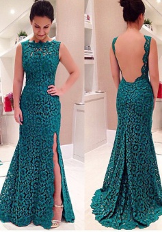 Gorgeous Mermaid Long Lace Backless Prom Dress With Side Slit