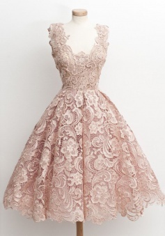 Vintage 50s Style Knee-Length Sleeveless Lace Blush Prom Dress