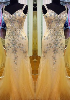 Honorable Prom Dress -Sheath V-Neck Spaghettis Straps with Rhinestone
