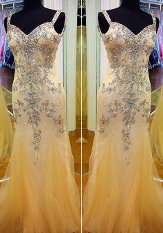 Honorable Prom Dress -Sheath V-Neck Spaghettis Straps with Rhinestone