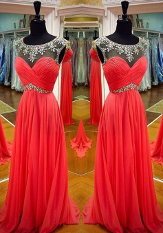 Simple Prom Dress -A-Line Scoop Sleeveless with Rhinstone