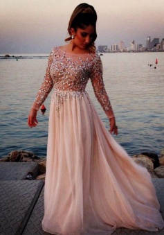 Elegant Prom Dress -Column Bateau Neck Long Sleeves with Sparkly Beaded