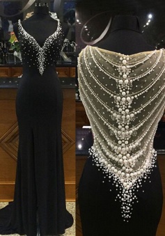 Mermaid Deep V-Neck Side-Zipper Black Chiffon Prom Dress with Beading