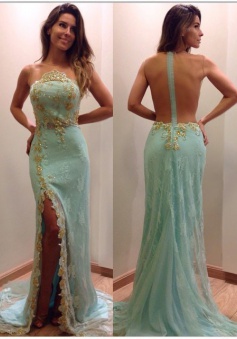 Elegant Long Mermaid See Through Back Slit Prom Dresses with Gold Sequins