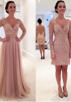 A-Line Deep V-Neck Sweep Train Long Sleeves Blush Tulle Prom Dress with Appliques