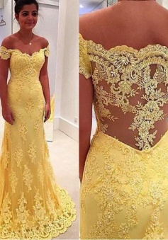 Mermaid Off-the-Shouler Sweep Train Side-Zipper Yellow Tulle Prom Dress with Lace