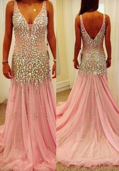 Luxurious Mermaid V-neck Long Pink Tulle Prom Dress with Beads