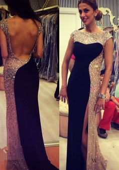 Unique Long Black Beaded Crew Prom Dresses with Side Slit